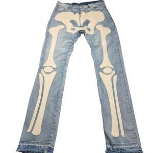 MNML Skeleton Bone Jeans Mens 32 (tag 33) Blue Light Wash Distressed Streetwear